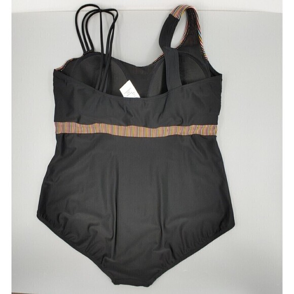 Ulla Popken Swimsuit Womens 28 Black Rainbow Stripe Strap Front Self-Bra Lined - Picture 3 of 14